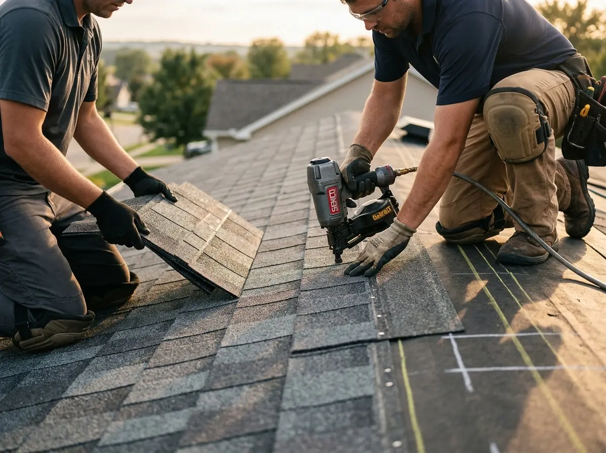Professional roofer working on a residential roof in Omak